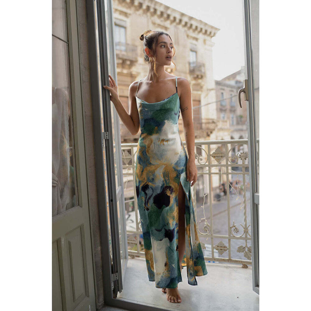 12th Tribe Natalia Blue and Gold Watercolor Maxi Dress Size MM